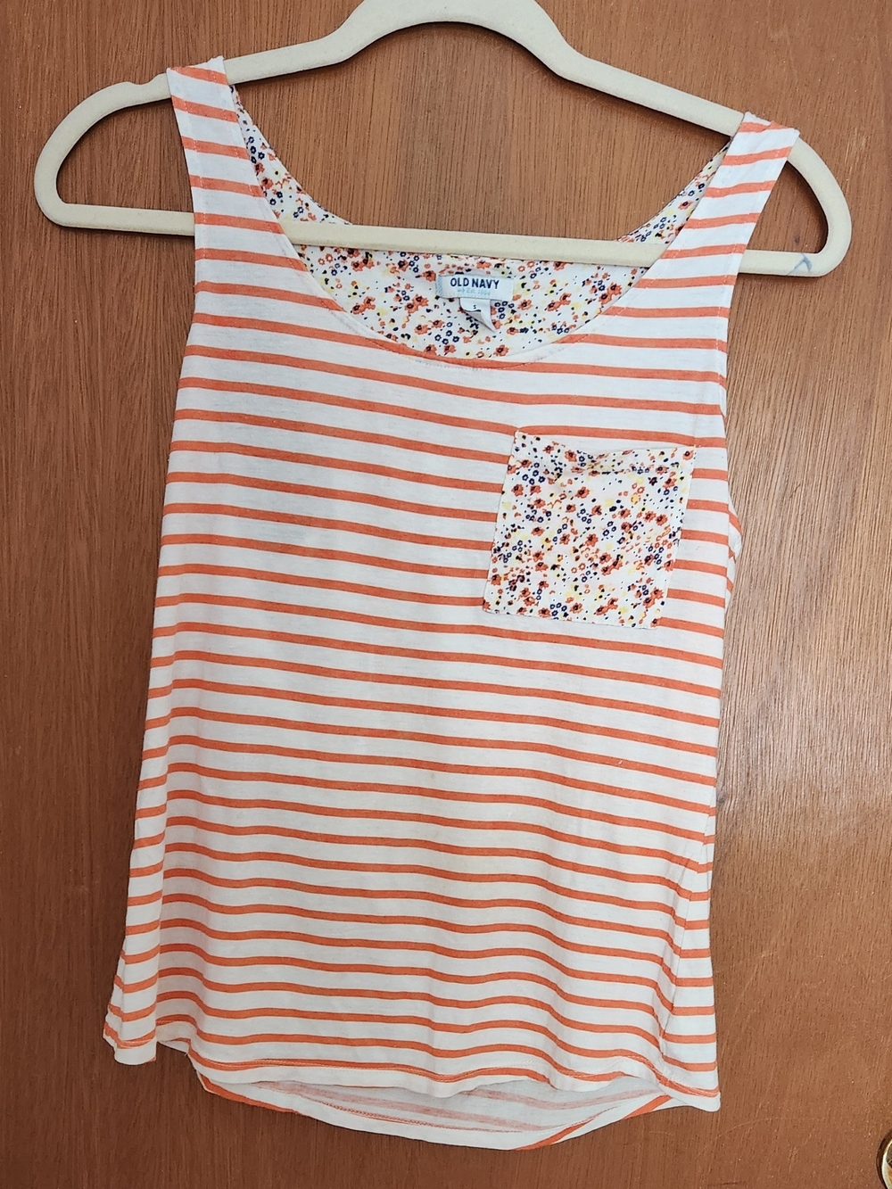 Old Navy Orange and White Striped Tank with Floral Pocket